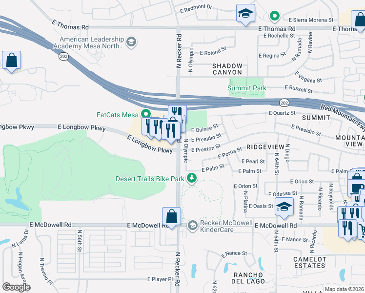 map of restaurants, bars, coffee shops, grocery stores, and more near 6029 East Presidio Street in Mesa
