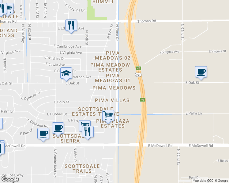 map of restaurants, bars, coffee shops, grocery stores, and more near 2229 North 87th Way in Scottsdale