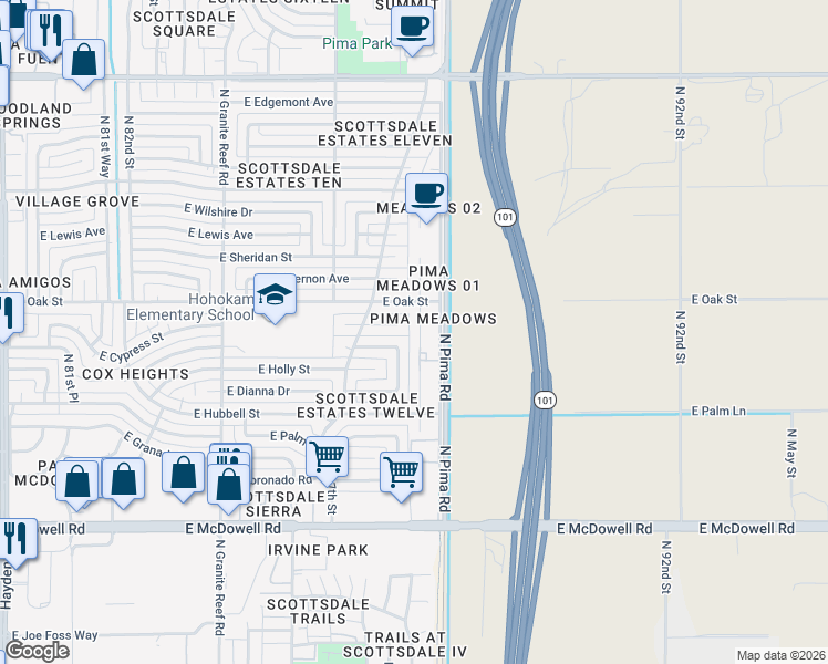map of restaurants, bars, coffee shops, grocery stores, and more near 2229 North 87th Way in Scottsdale