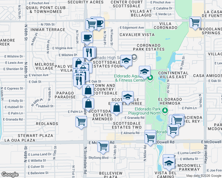 map of restaurants, bars, coffee shops, grocery stores, and more near 7332 East Cypress Street in Scottsdale