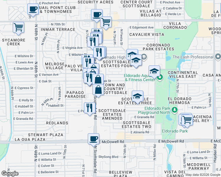 map of restaurants, bars, coffee shops, grocery stores, and more near 7302 East Cypress Street in Scottsdale