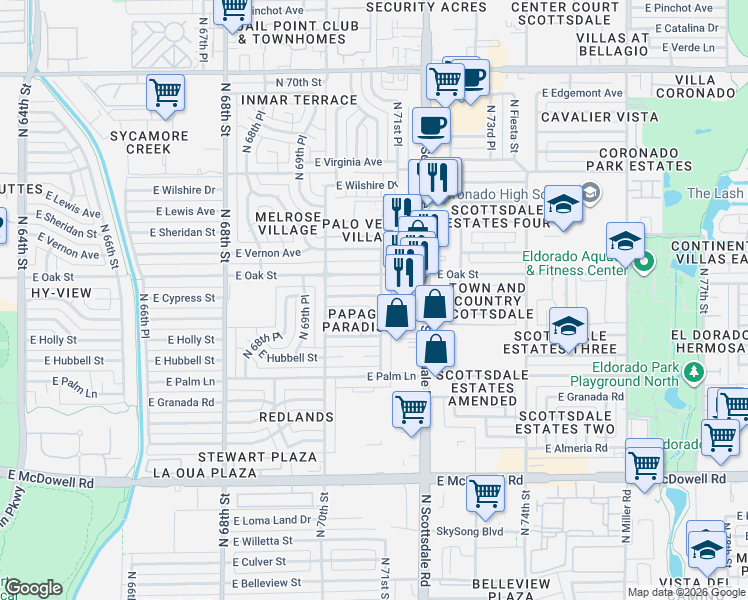 map of restaurants, bars, coffee shops, grocery stores, and more near 7044 East Cypress Street in Scottsdale