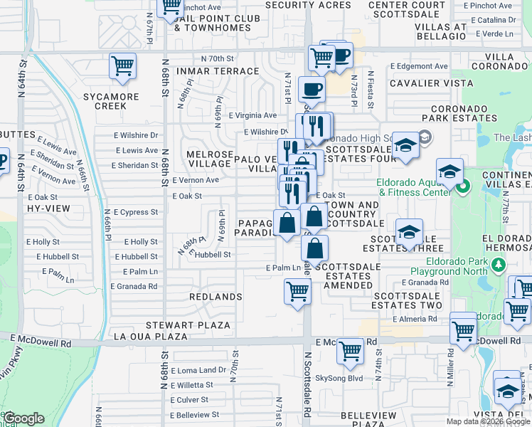 map of restaurants, bars, coffee shops, grocery stores, and more near 7044 East Cypress Street in Scottsdale