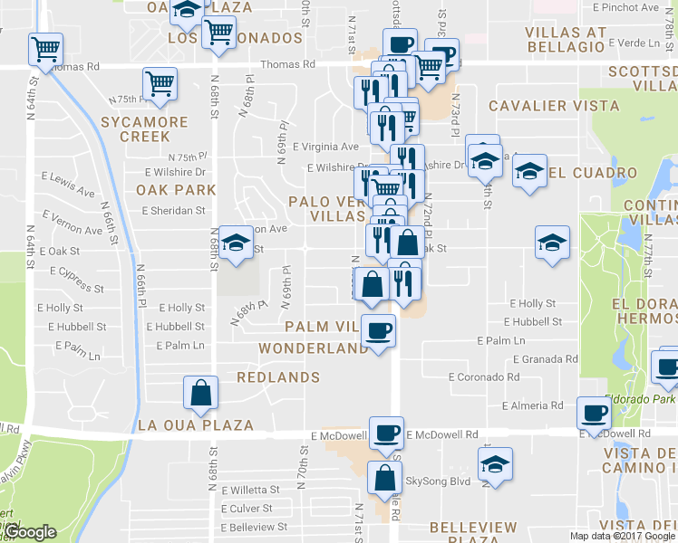 map of restaurants, bars, coffee shops, grocery stores, and more near 7044 East Cypress Street in Scottsdale