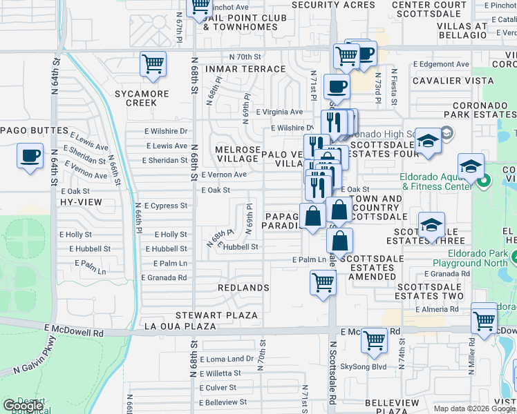 map of restaurants, bars, coffee shops, grocery stores, and more near 6914 East Cypress Street in Scottsdale