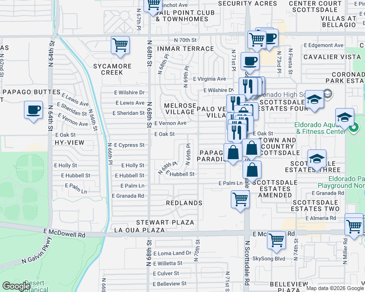 map of restaurants, bars, coffee shops, grocery stores, and more near 6914 East Cypress Street in Scottsdale