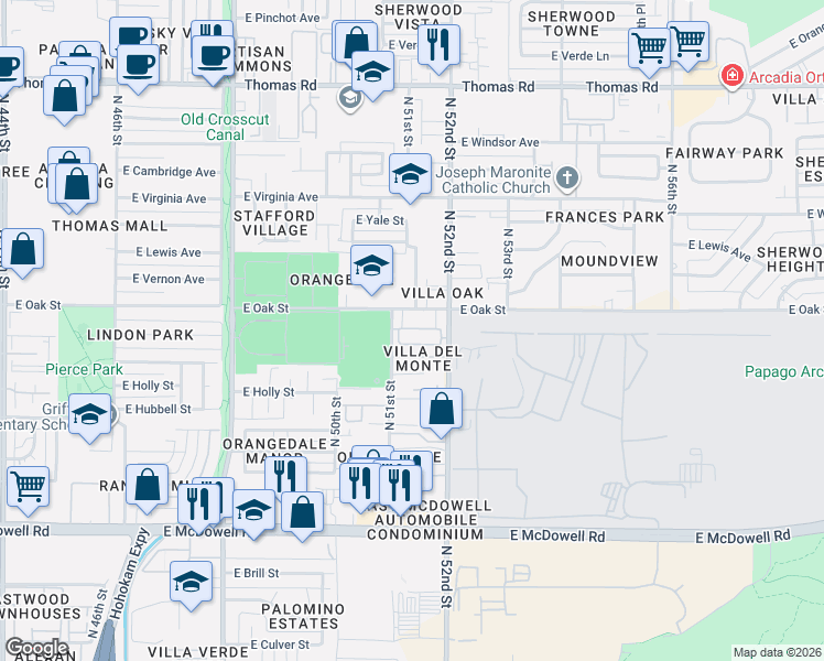 map of restaurants, bars, coffee shops, grocery stores, and more near 5117 East Oak Street in Phoenix