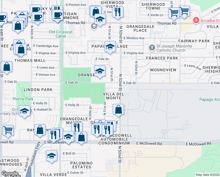 map of restaurants, bars, coffee shops, grocery stores, and more near 5117 East Oak Street in Phoenix