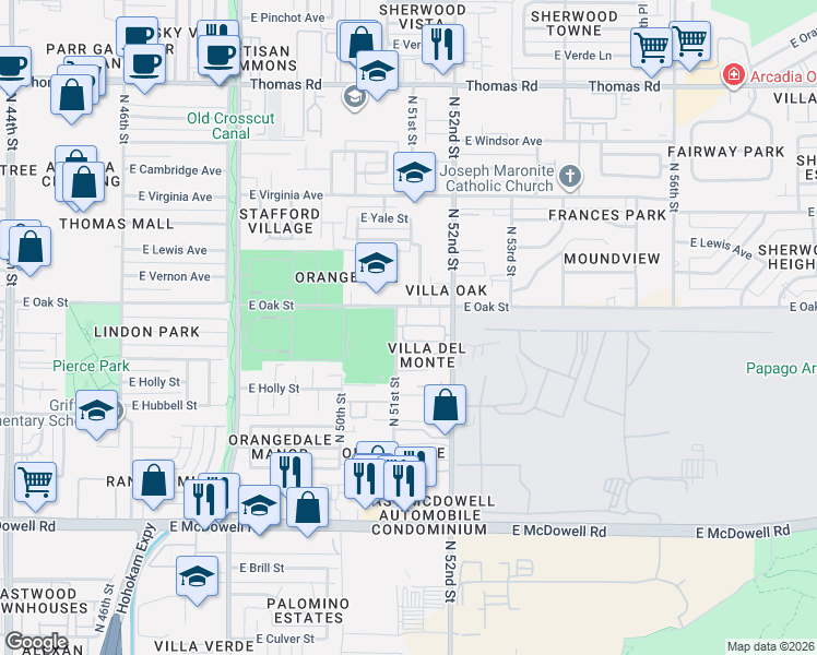 map of restaurants, bars, coffee shops, grocery stores, and more near 5035 East Oak Street in Phoenix