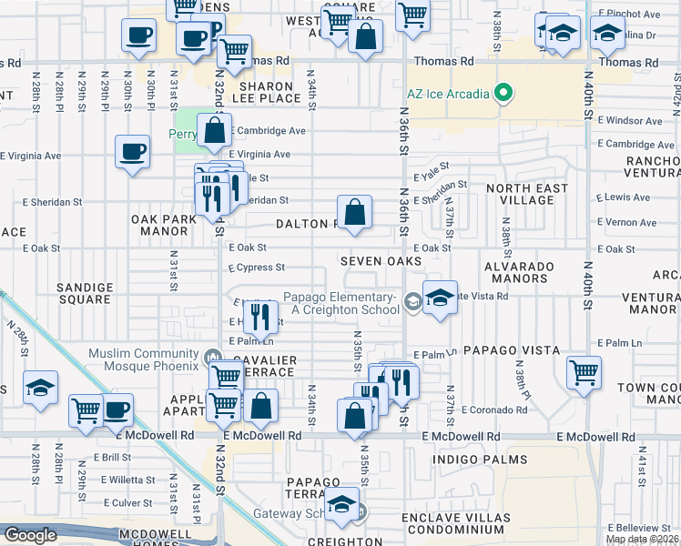 map of restaurants, bars, coffee shops, grocery stores, and more near 3412 East Cypress Street in Phoenix
