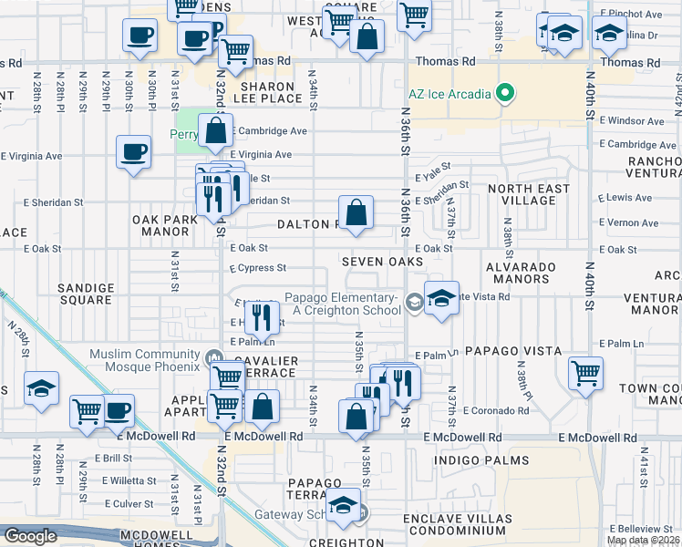 map of restaurants, bars, coffee shops, grocery stores, and more near 3412 East Cypress Street in Phoenix