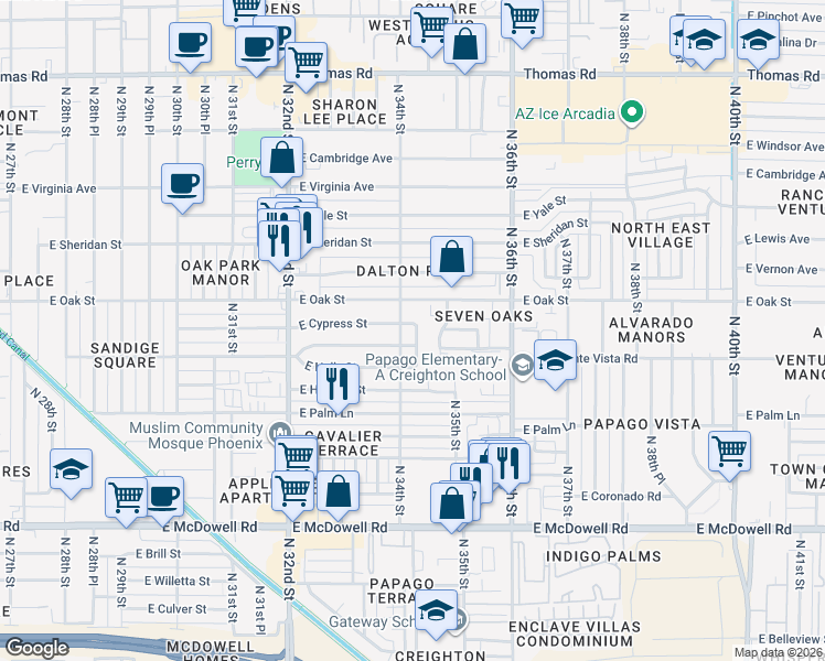 map of restaurants, bars, coffee shops, grocery stores, and more near 3412 East Cypress Street in Phoenix