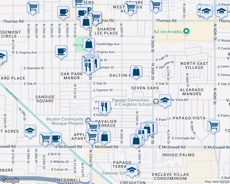 map of restaurants, bars, coffee shops, grocery stores, and more near 3330 East Cypress Street in Phoenix