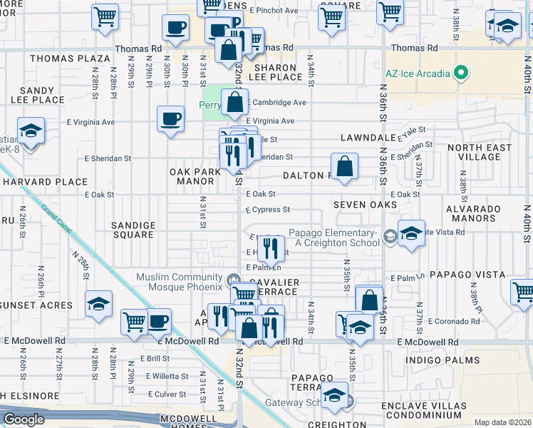 map of restaurants, bars, coffee shops, grocery stores, and more near 3244 East Cypress Street in Phoenix