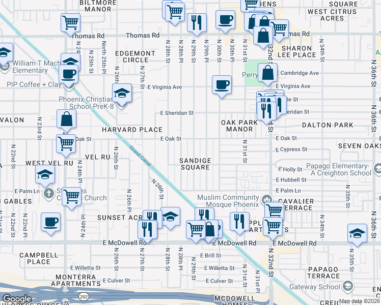 map of restaurants, bars, coffee shops, grocery stores, and more near 2236 North 29th Street in Phoenix