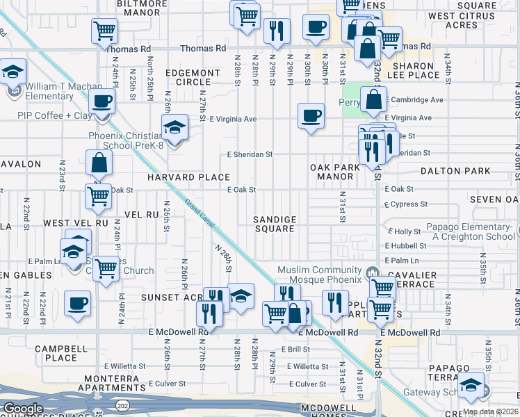 map of restaurants, bars, coffee shops, grocery stores, and more near 2236 North 29th Street in Phoenix
