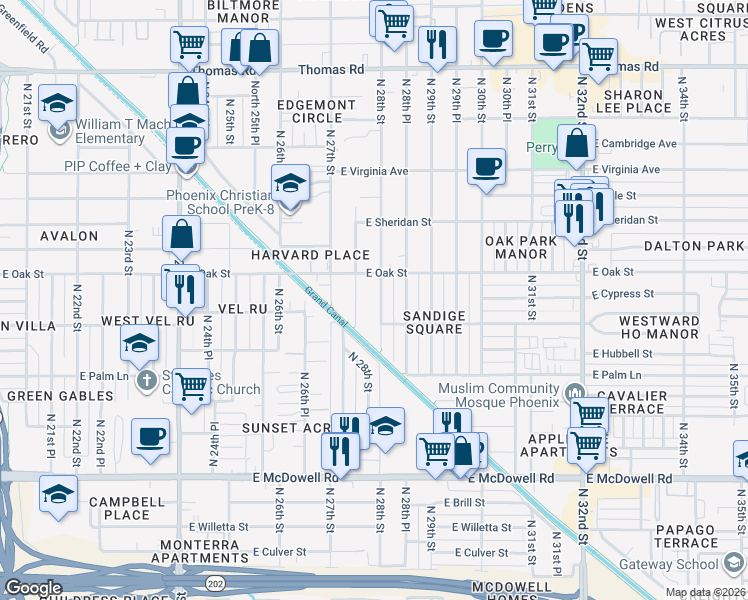 map of restaurants, bars, coffee shops, grocery stores, and more near 2230 North 28th Street in Phoenix