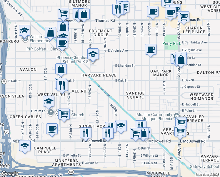 map of restaurants, bars, coffee shops, grocery stores, and more near 2222 North 27th Place in Phoenix