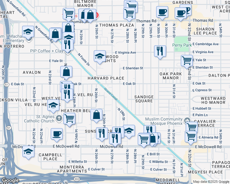 map of restaurants, bars, coffee shops, grocery stores, and more near 2222 North 27th Place in Phoenix