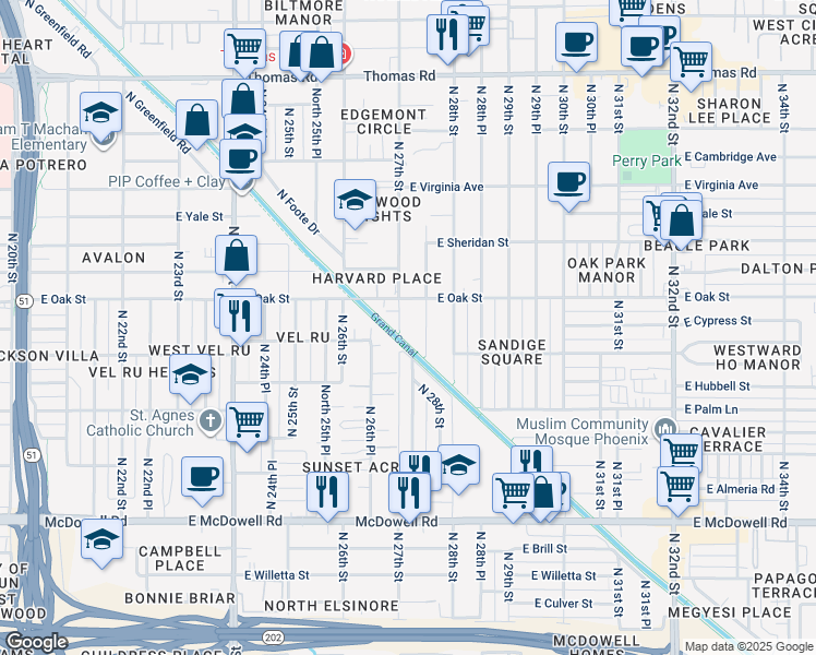 map of restaurants, bars, coffee shops, grocery stores, and more near 2222 North 27th Place in Phoenix