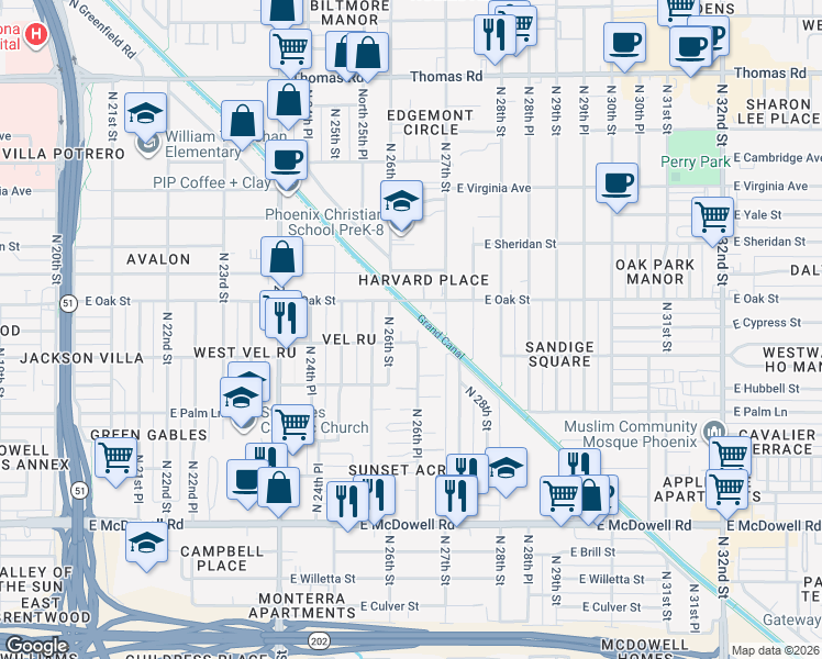 map of restaurants, bars, coffee shops, grocery stores, and more near 2222 North 27th Street in Phoenix