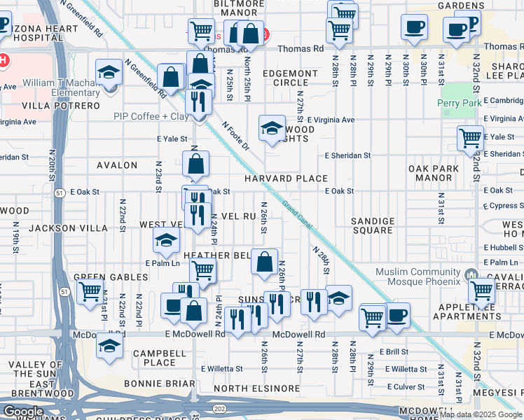 map of restaurants, bars, coffee shops, grocery stores, and more near 2219 North 25th Place in Phoenix