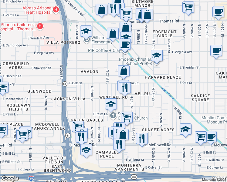 map of restaurants, bars, coffee shops, grocery stores, and more near 2233 North 23rd Street in Phoenix