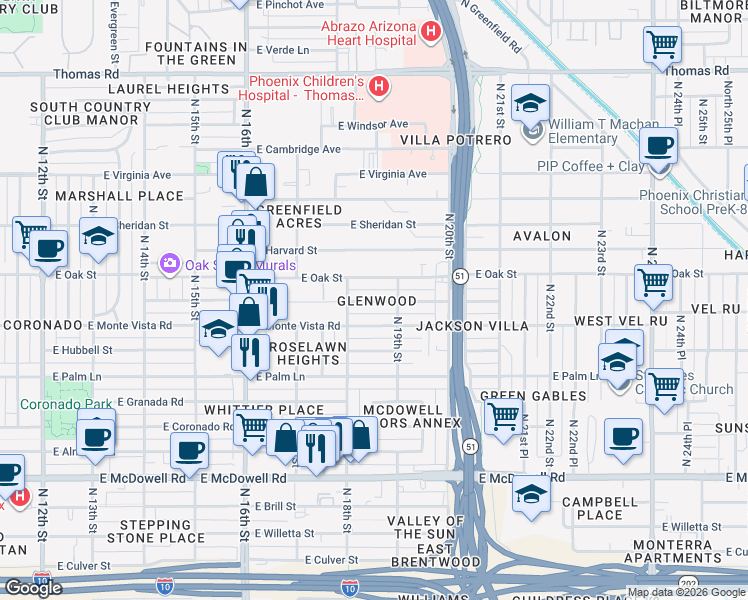 map of restaurants, bars, coffee shops, grocery stores, and more near 1817 East Oak Street in Phoenix
