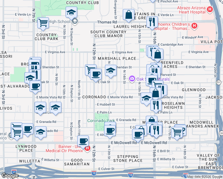 map of restaurants, bars, coffee shops, grocery stores, and more near 2236 North 13th Street in Phoenix
