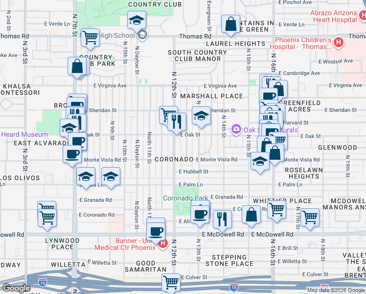 map of restaurants, bars, coffee shops, grocery stores, and more near 2235 North 12th Street in Phoenix