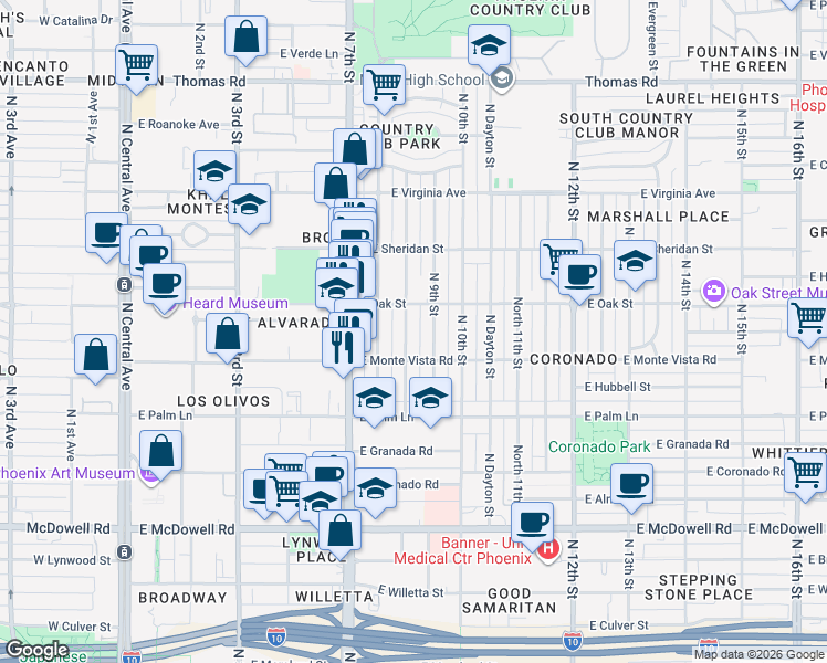 map of restaurants, bars, coffee shops, grocery stores, and more near 2238 North 9th Street in Phoenix