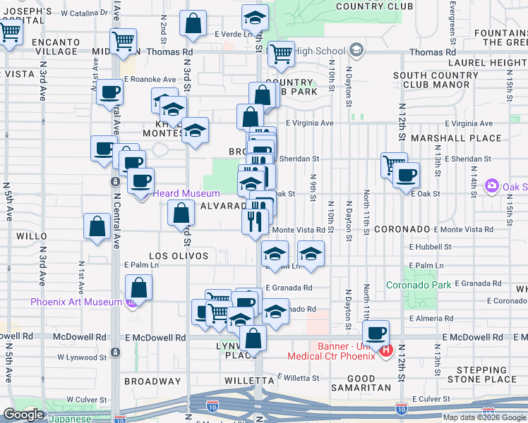map of restaurants, bars, coffee shops, grocery stores, and more near in Phoenix