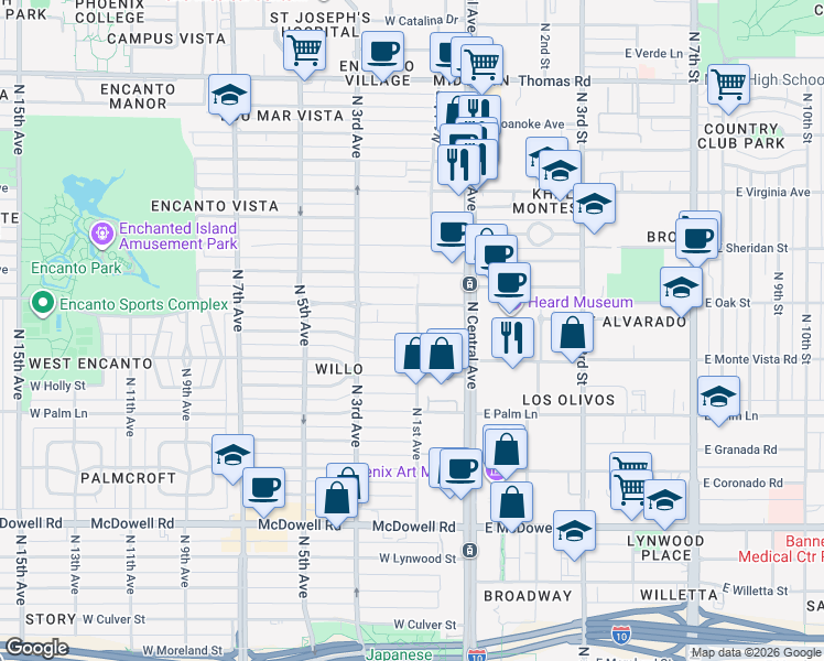 map of restaurants, bars, coffee shops, grocery stores, and more near 41 West Encanto Boulevard in Phoenix