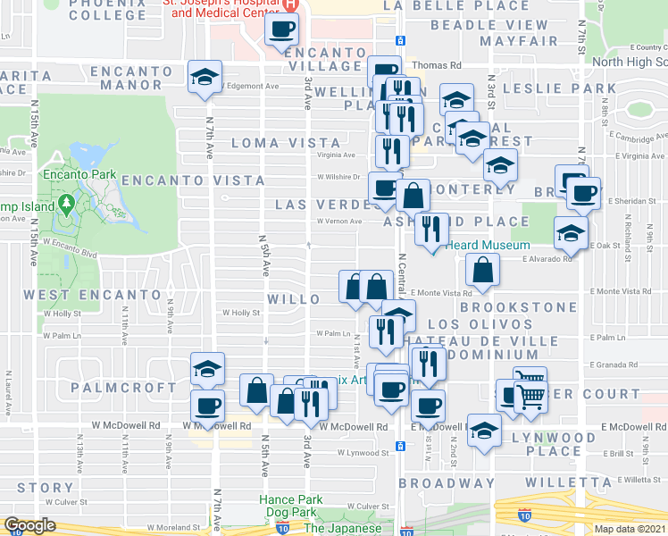 map of restaurants, bars, coffee shops, grocery stores, and more near 71 West Encanto Boulevard in Phoenix