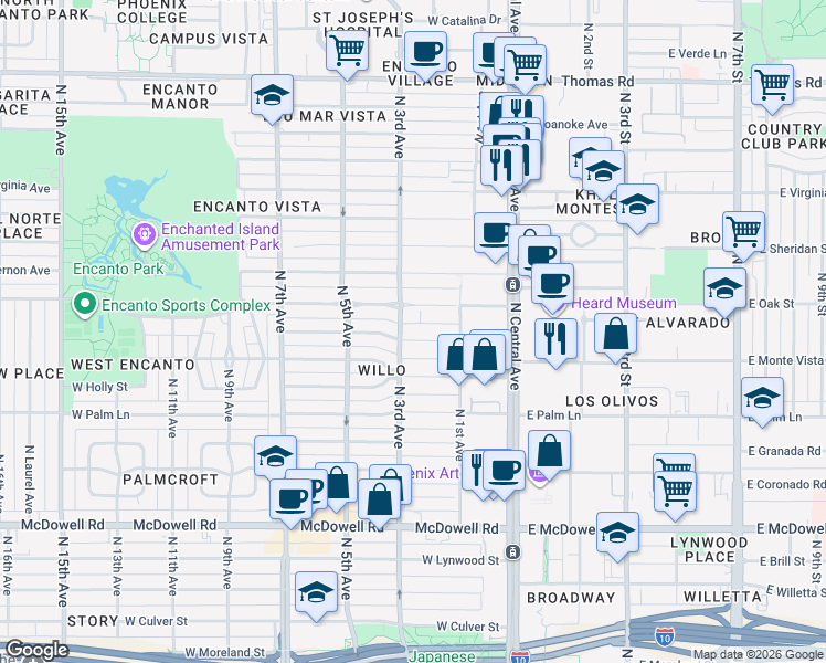 map of restaurants, bars, coffee shops, grocery stores, and more near 71 West Encanto Boulevard in Phoenix