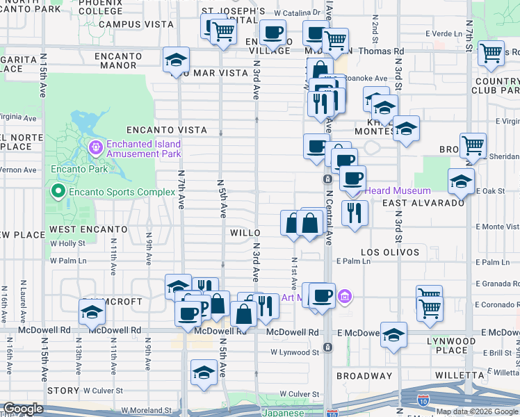 map of restaurants, bars, coffee shops, grocery stores, and more near 301 West Encanto Boulevard in Phoenix