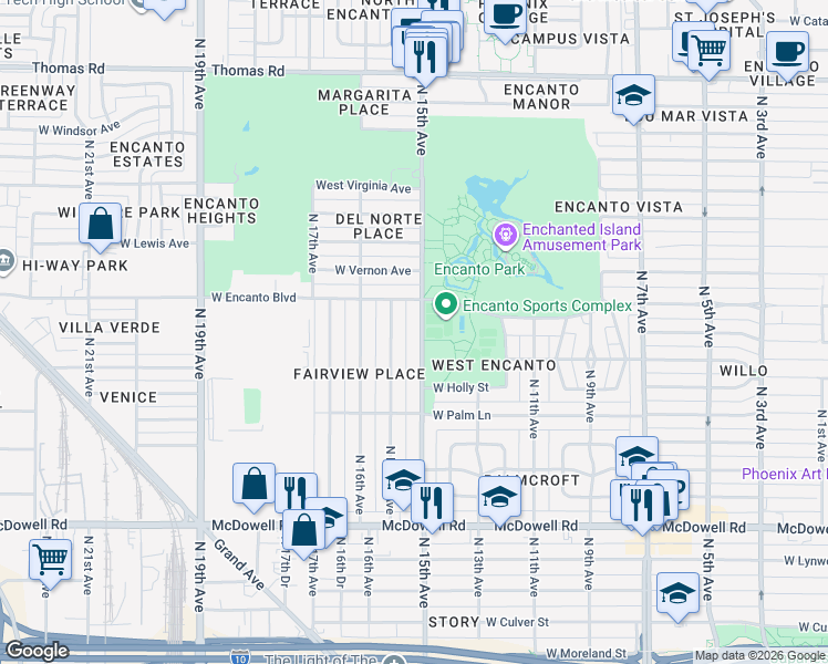map of restaurants, bars, coffee shops, grocery stores, and more near 2301 North 15th Avenue in Phoenix