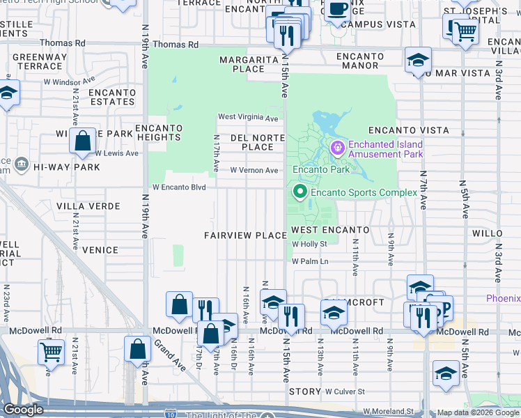 map of restaurants, bars, coffee shops, grocery stores, and more near 2241 North 16th Avenue in Phoenix