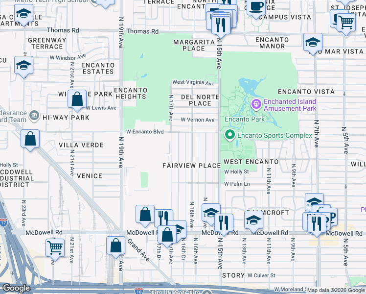 map of restaurants, bars, coffee shops, grocery stores, and more near 2242 North 17th Avenue in Phoenix
