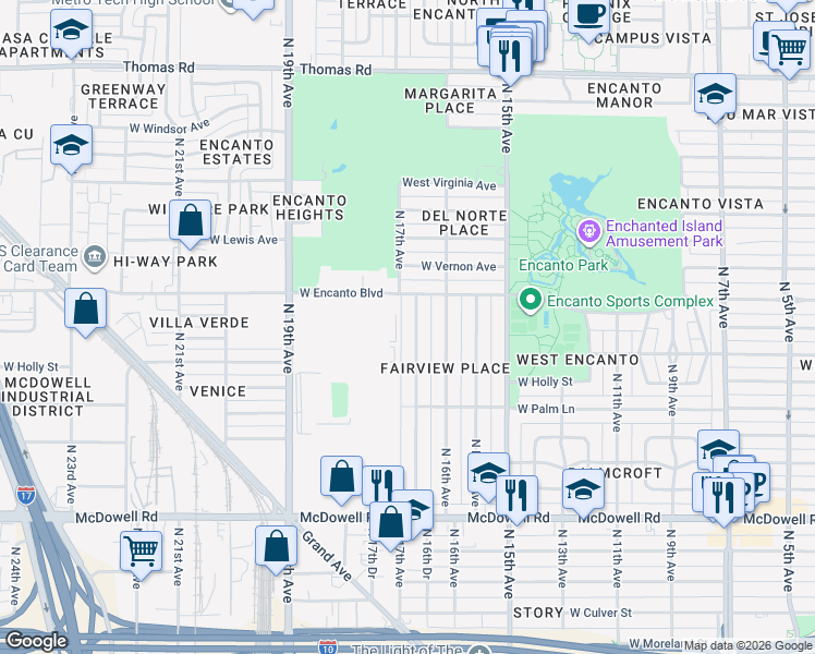 map of restaurants, bars, coffee shops, grocery stores, and more near 2242 North 17th Avenue in Phoenix