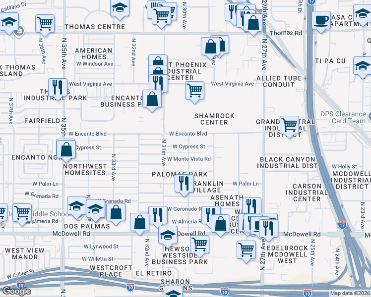 map of restaurants, bars, coffee shops, grocery stores, and more near 2946 West Cypress Street in Phoenix