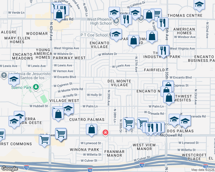 map of restaurants, bars, coffee shops, grocery stores, and more near 3901 West Encanto Boulevard in Phoenix