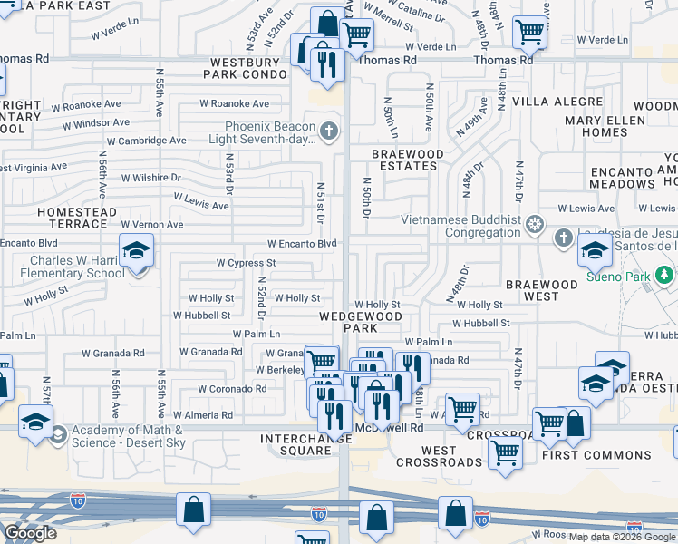 map of restaurants, bars, coffee shops, grocery stores, and more near 2218 North 51st Drive in Phoenix