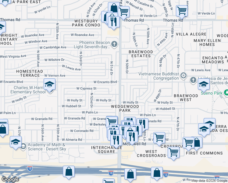 map of restaurants, bars, coffee shops, grocery stores, and more near 2218 North 51st Drive in Phoenix
