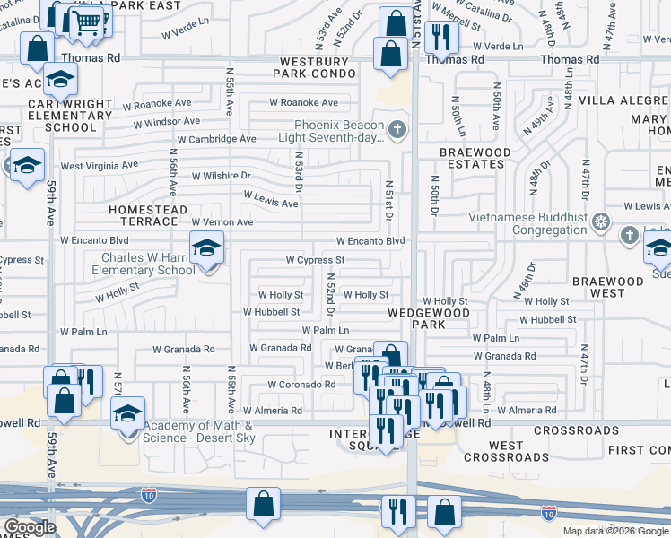 map of restaurants, bars, coffee shops, grocery stores, and more near 5242 West Cypress Street in Phoenix