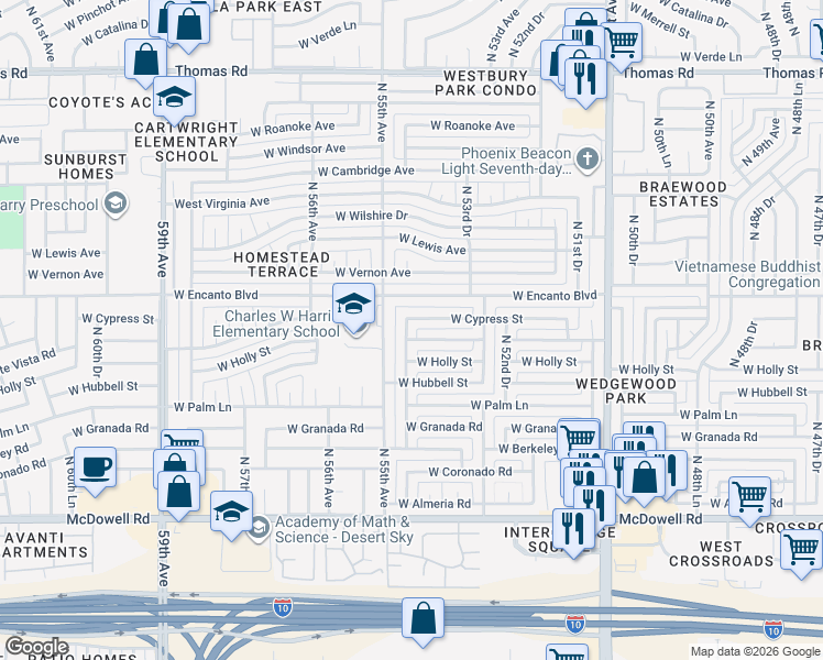map of restaurants, bars, coffee shops, grocery stores, and more near 5407 West Cypress Street in Phoenix