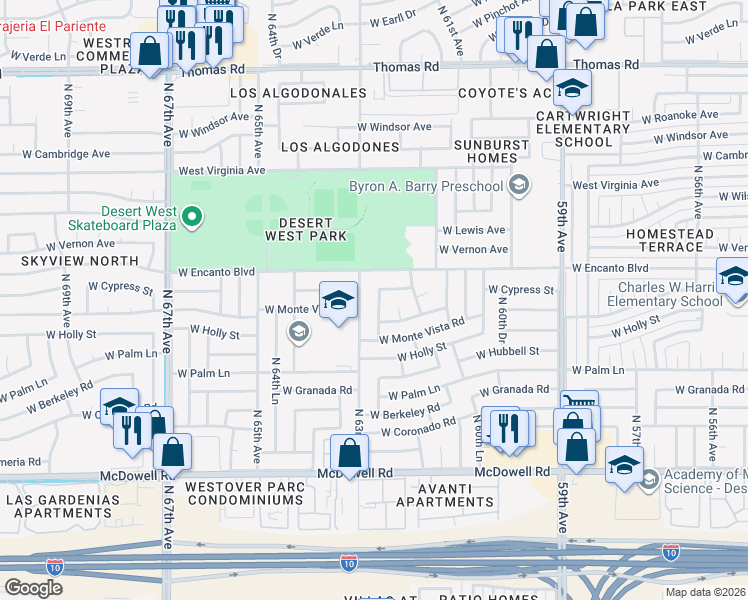 map of restaurants, bars, coffee shops, grocery stores, and more near 2229 North 62nd Lane in Phoenix