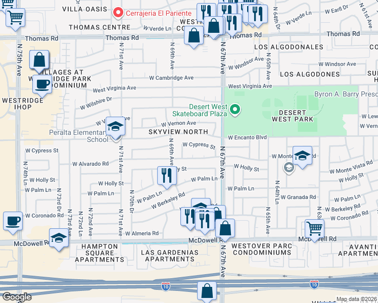 map of restaurants, bars, coffee shops, grocery stores, and more near 6815 West Cypress Street in Phoenix