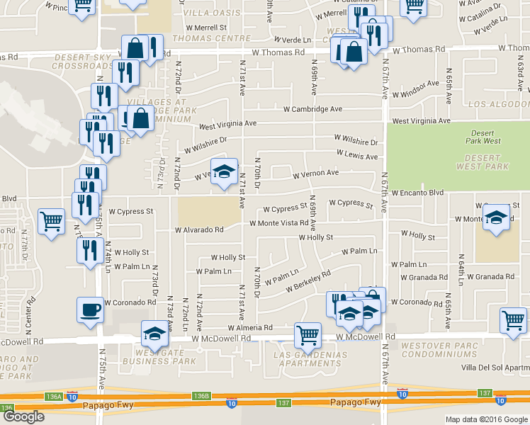 map of restaurants, bars, coffee shops, grocery stores, and more near 7018 West Cypress Street in Phoenix