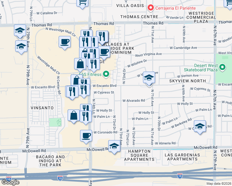 map of restaurants, bars, coffee shops, grocery stores, and more near 2238 North 73rd Avenue in Phoenix